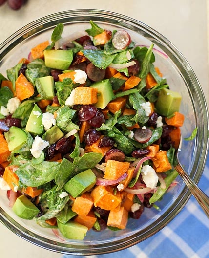 Roasted Sweet Potato Salad with Spinach and Grapes