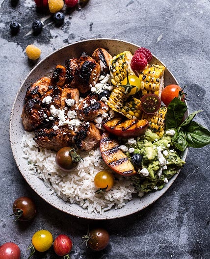 BBQ Chicken and Grilled Corn Rice Bowls with Berry Smashed Avocado
