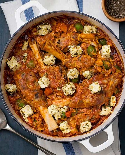 Lamb shanks with risoni and feta