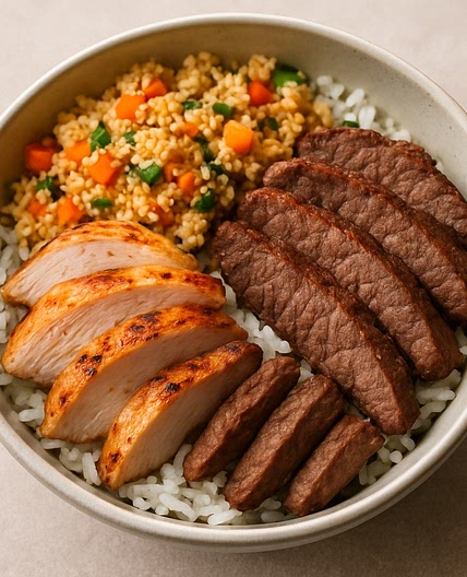 Rice Bowl mit Couscous Gemuse und Zweierlei Fleisch
