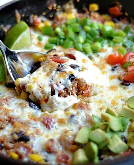 Cheesy Black Bean and Corn Quinoa Taco Skillet