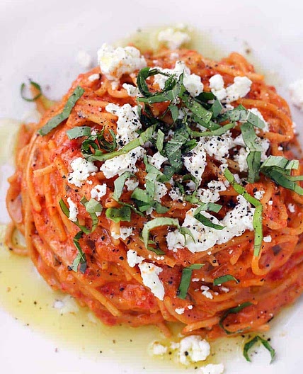 Spaghetti with Roasted Red Pepper Sauce and Goat Cheese