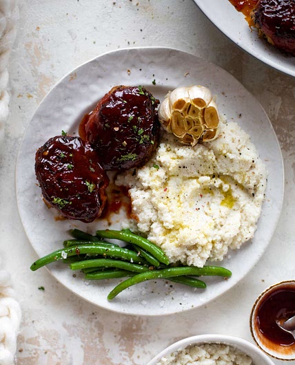 Mini Turkey Meatloaves with Roasted Garlic Cauliflower Mash