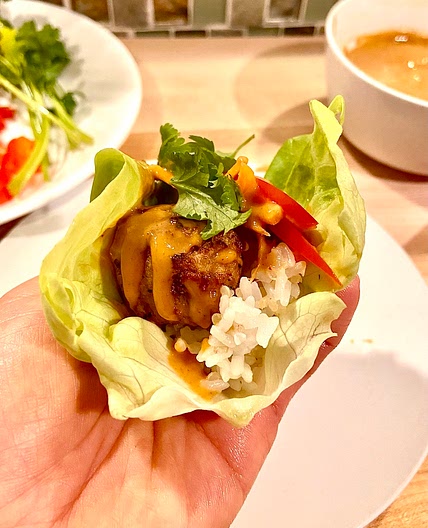 Chicken Teriyaki Meatball Lettuce Wraps with Peanut Sauce