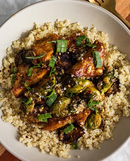 Vegan Honey Mustard Tofu and Brussels Sprouts