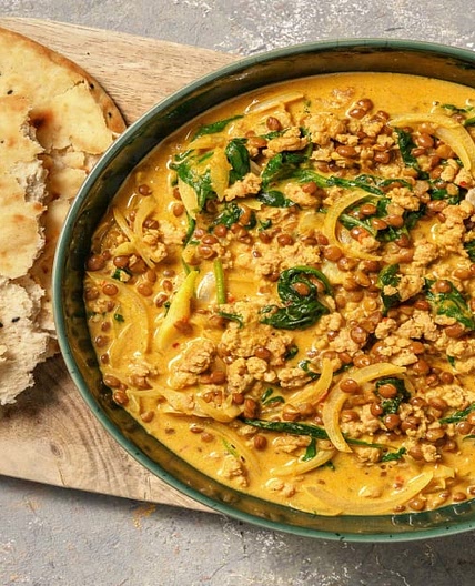 Pork and Lentil Curry with Spinach and Naan Bread