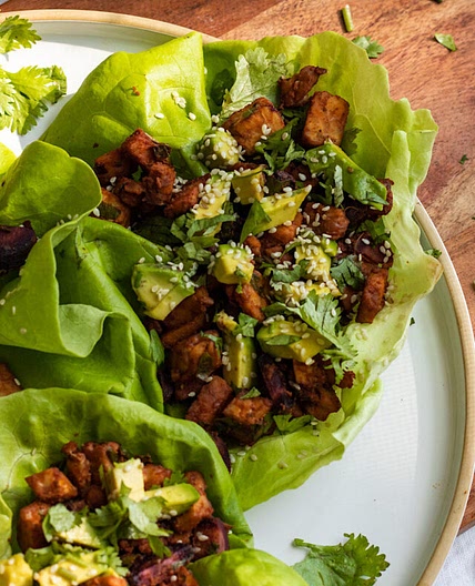 Buffalo Tempeh Carrot Lettuce Wraps