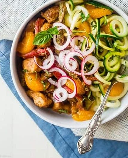 Healthy Chicken Stir Fry with Dijon Orange Almond Sauce and Zucchini Noodles {Whole30 Option + Super Simple}