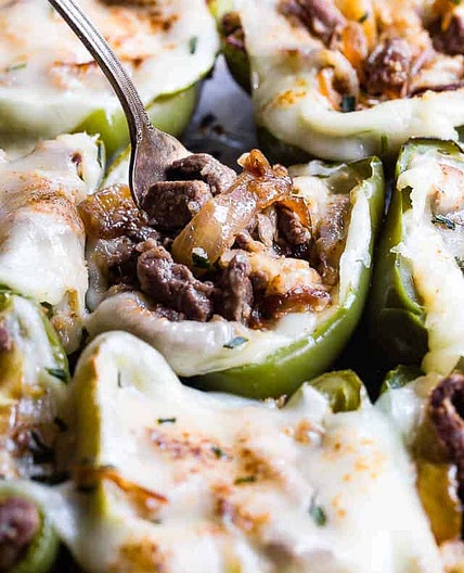 Low-Carb Keto Philly Cheesesteak-Stuffed Peppers with Cauliflower