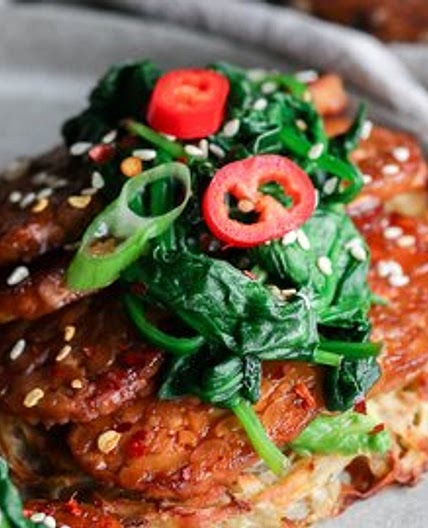 Potato Hash Cakes with Baked Marinated Tempeh