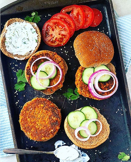 Harissa Red Lentil Patties with Herbed Yogurt Sauce