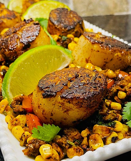 Blackstone Scallops with Chorizo and Corn