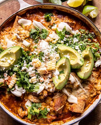 One Skillet Street Corn Chicken Enchilada Bake