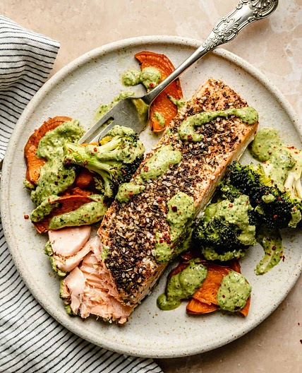 Sheet Pan Salmon and Veggies with Creamy Zhoug