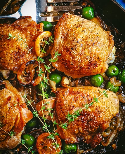 Braised Chicken Thighs with Lemon, Garlic and Olives