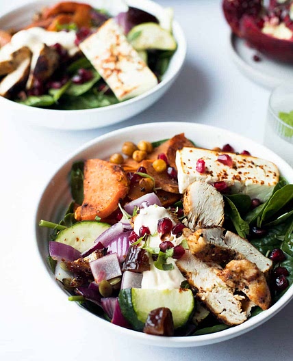 Warm Chicken Salad with Baked Sweet Potato and Feta Cheese