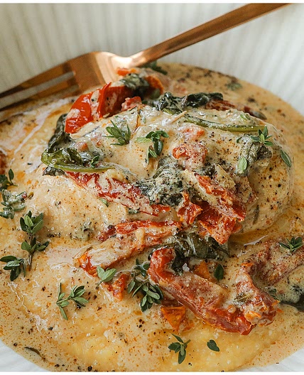 Slow Cooker Sun Dried Tomato Chicken with Parmesan Polenta