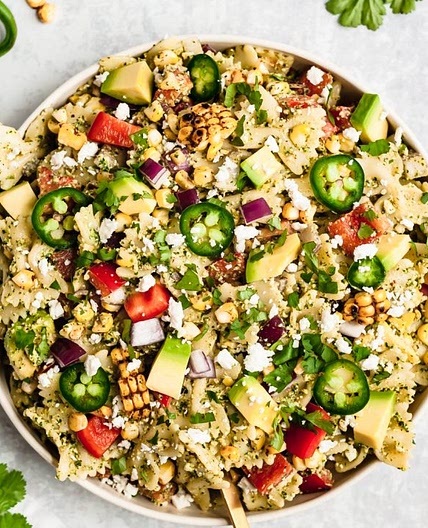 Street Corn Pasta Salad with Cilantro Pesto & Goat Cheese
