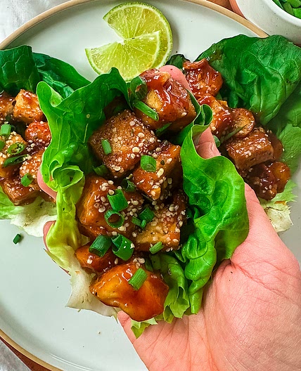 Sticky Sesame Gochujang Tofu Carrot Lettuce Wraps
