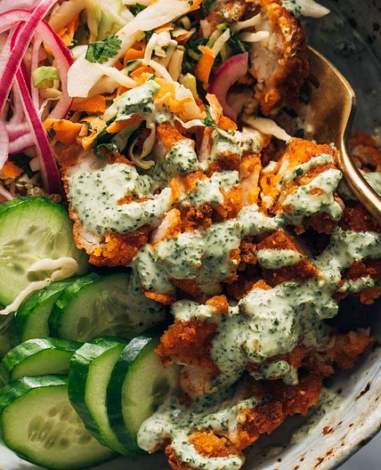 Crispy Chicken Tikka Bowls with Mint Sauce