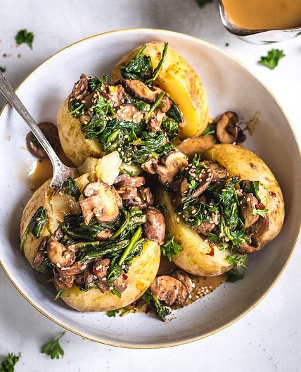 Baked Potatoes with Spinach and Mushroom and Vegan Gravy