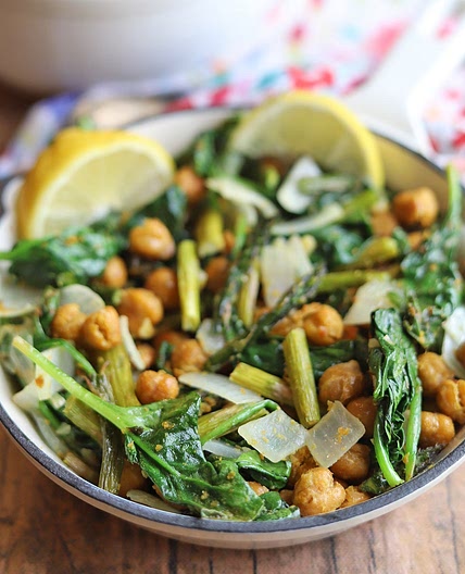 Roasted asparagus & chickpeas with sautéed spinach