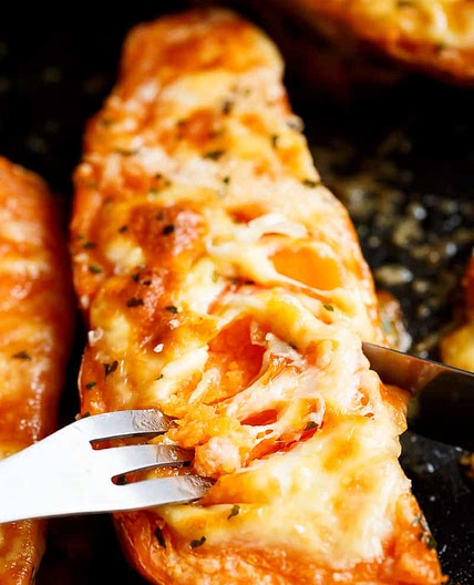 Cheesy Garlic Sweet Potatoes