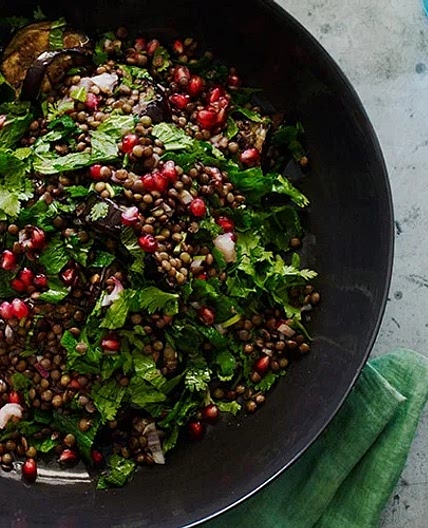 Grilled eggplant salad with lentils and sesame yoghurt