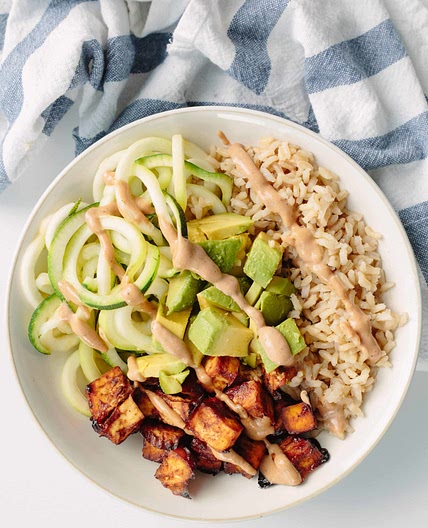 BBQ Baked Tofu and Brown Rice Bowls with Zucchini Noodles