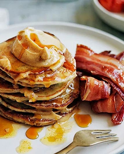 Buckwheat pikelets with bacon and maple butter