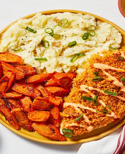 Crispy Kickin' Cayenne Chicken Cutlets with Frank’s RedHot® Original Seasoning Blend, Mashed Potatoes, Carrots & a Honey Drizzle