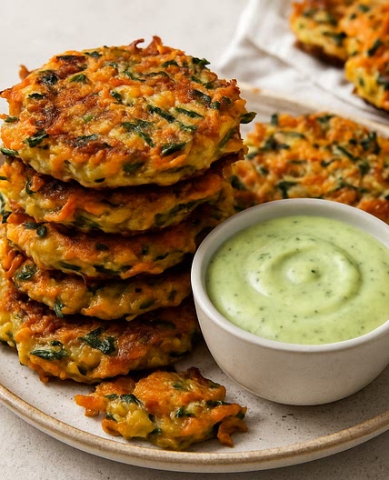 Carrot, Potato and Zucchini Fritters with Avocado Ranch