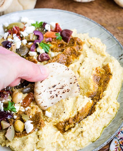 PICKLED VEGGIE AND TOMATO PESTO LOADED HUMMUS