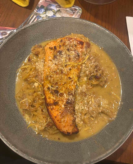 Salmon with spaghetti squash and and caramelized onion sauce