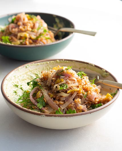 Caramelized Onion Farro with Caramelized Lemon Dressing