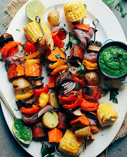 Veggie Skewers with Magic Green Sauce