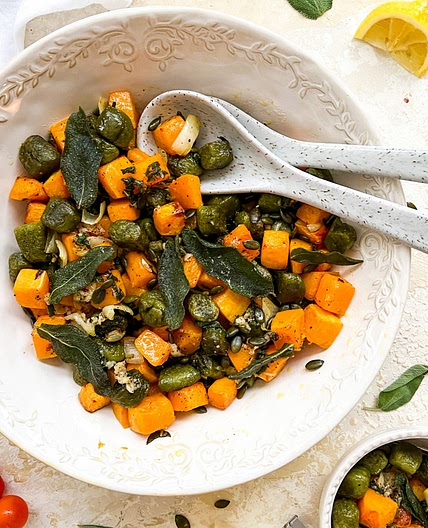 Roast Spinach Gnocchi and Butternut Squash with Sage and a Roast Garlic and Chilli Brown Butter