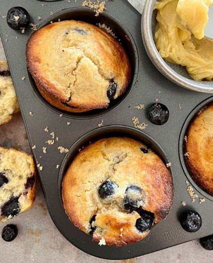 Overnight Sourdough Blueberry Muffins