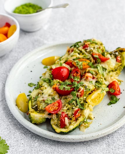Pesto Chicken Stuffed Zucchini Boats