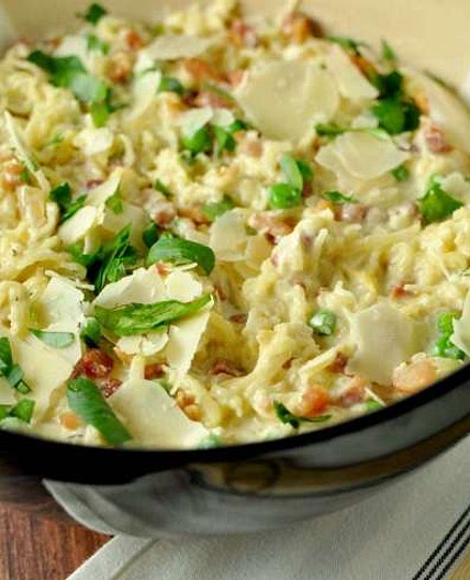 Spaghetti Squash Alfredo with Pancetta and Peas - Low Carb, Gluten Free