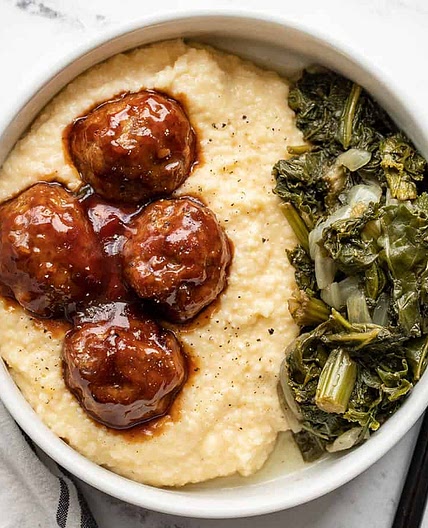 BBQ Meatballs with Cheese Grits