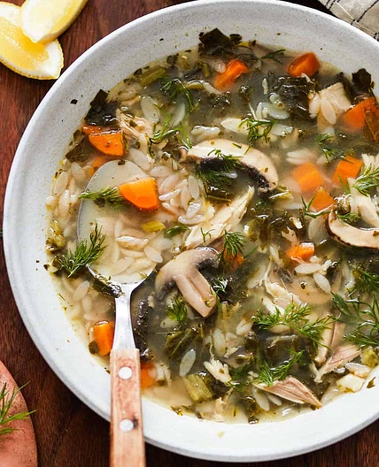 Lemon Chicken Orzo Soup with Mushrooms and Kale