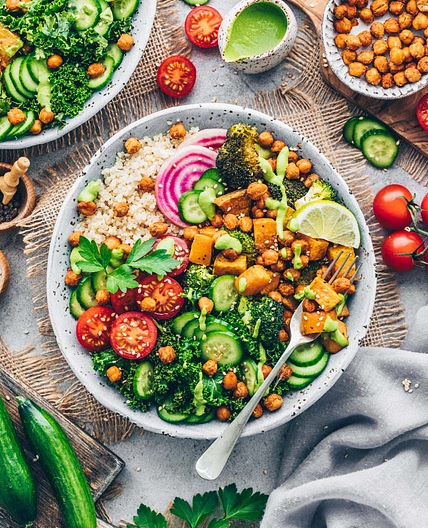 Roasted Sweet Potato Bowl with Crispy Chickpeas, Broccoli and Tahini Sauce