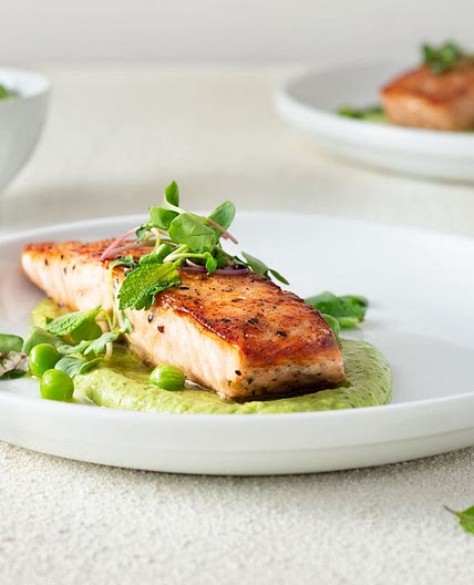 Seared Salmon and Pea Puree with Yogurt & Mint