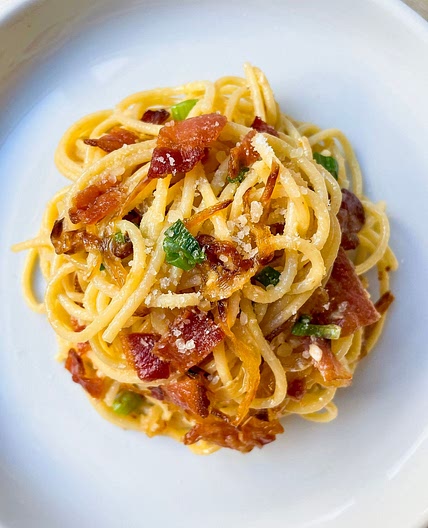 Miso Pasta with Bacon and Caramelized Onions