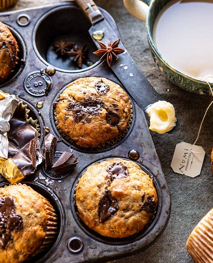 One Bowl Chocolate Chunk Chai Banana Muffins