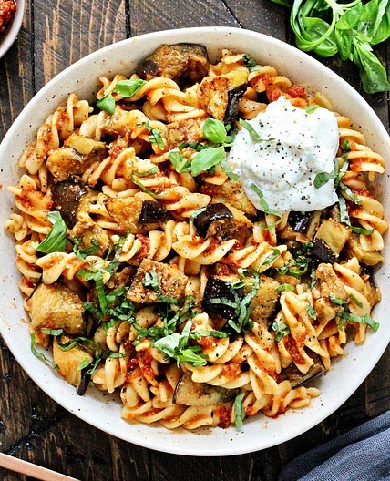 Red Pesto Pasta with Eggplant