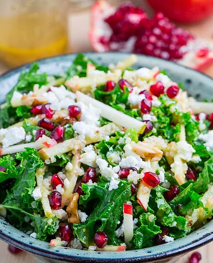 Apple and Pomegranate Quinoa and Kale Salad with Feta in a Curried Maple Dijon Dressing
