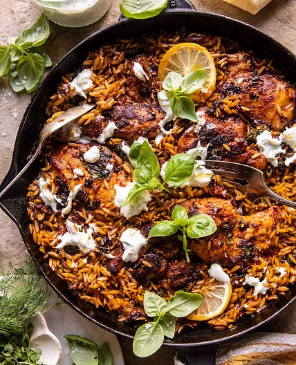 One Skillet Tzatziki Chicken and Orzo