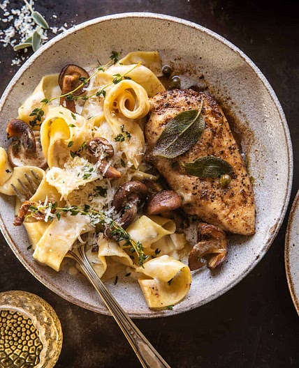 Browned Sage Butter Chicken Piccata with Mushroom Pasta